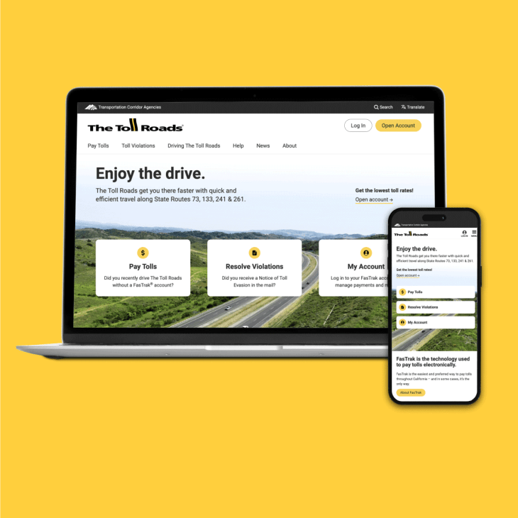 Graphic of a computer and smartphone with thetollroads.com on the screens. 