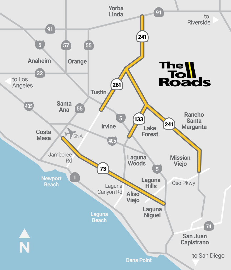 This is a map of The Toll Roads located in Orange County, California.
The map highlights The Toll Roads, State Routes 73, 133, 241 and 261 Toll Roads.
The 73 Toll Road (State Route 73) runs from Interstate 405 in Costa Mesa to Interstate 5 at the border of Laguna Niguel and Mission Viejo.
The 133 Toll Road (State Route 133) runs from the 241 Toll Road on the border of Lake Forest and Irvine to Interstate 405.
State Route 133 continues south, untolled, until it’s terminus at State Route 1 (Pacific Coast Highway).
The 241 Toll Road runs from State Route 91 in Yorba Linda to Oso Parkway in Rancho Santa Margarita.
The 261 Toll Road runs from Santiago Canyon Road to Interstate 5.